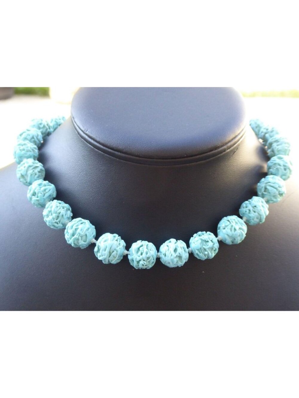 Vintage Ciner Faux Turquoise Carved Glass Bead 16.5" Choker Necklace